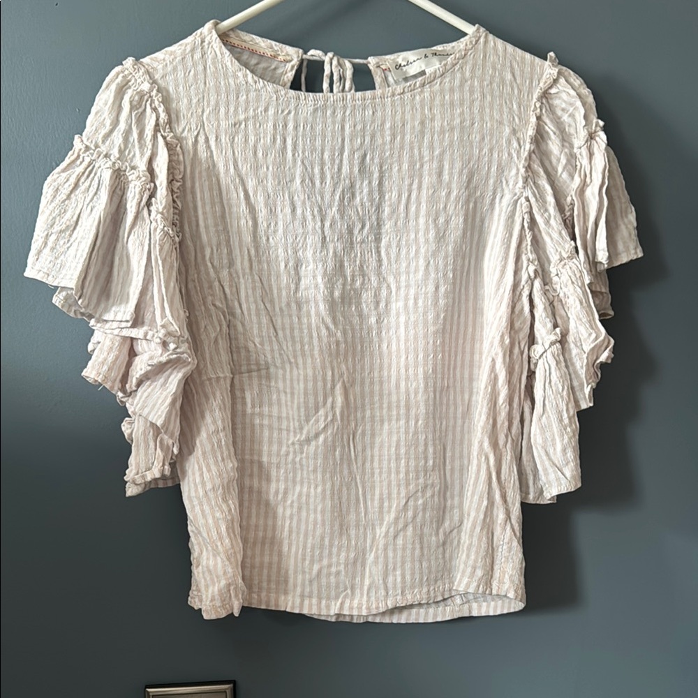Seersucker Ruffle Sleeve Top